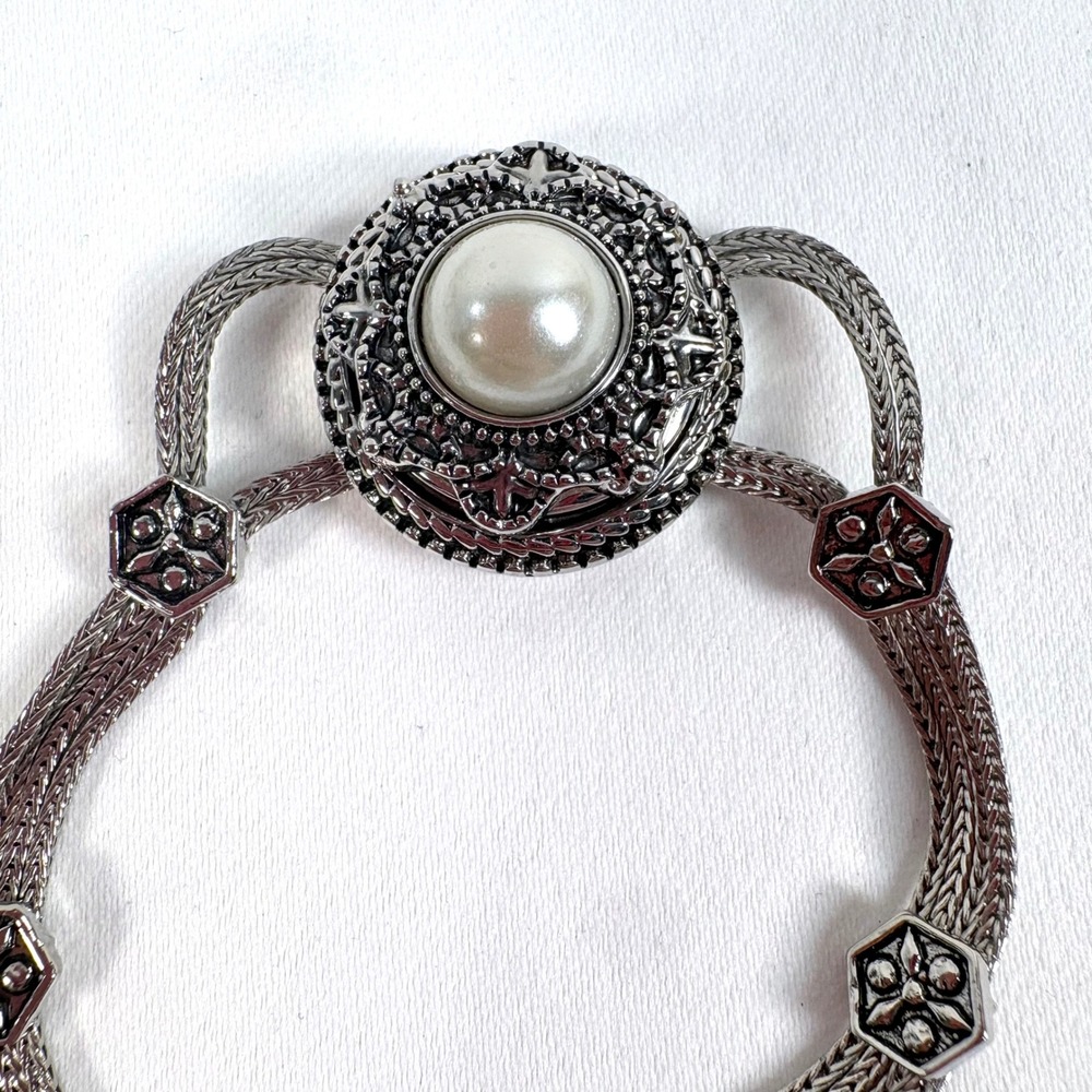Ginger‎ Snaps Bracelet Silver Tone Faux Pearl Interchangeable Snap Wheat Chain